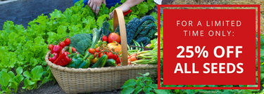 A wicker basket filled with fresh vegetables, including red bell peppers, tomatoes, broccoli, and leafy greens, with a person's hands visible at the top. A large red promotional overlay on the right reads 'FOR A LIMITED TIME ONLY: 25% OFF ALL SEEDS'.
