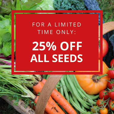 A promotional graphic with a large red square overlay reading 'FOR A LIMITED TIME ONLY: 25% OFF ALL SEEDS' over a harvest of fresh vegetables including carrots, green beans, tomatoes, and leafy greens.