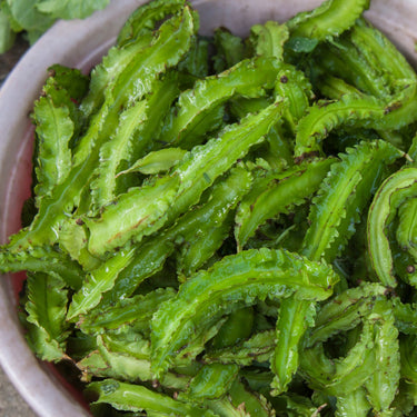 Fresh green winged peas with ruffled, green pods piled inside a light-colored bowl.