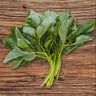 A bunch of fresh Egyptian leafy greens with light green stems, arranged on a rustic brown wooden surface.