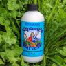 Bottle of Neptune's Organic Fish and Seaweed fertilizer on a bed of green plants
